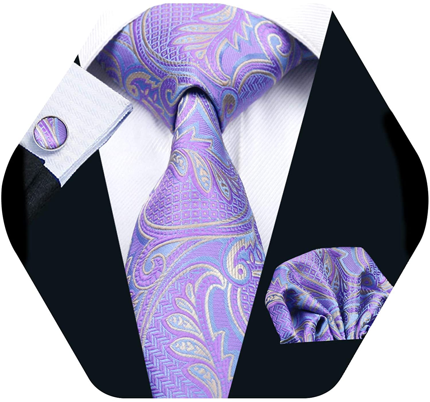 Barry.Wang Men Tie Set Solid Silk Necktie Pocket Square Cufflinks Extra Long Tie