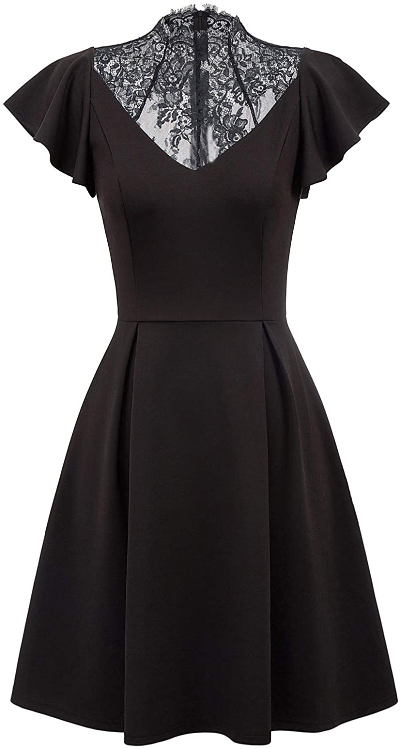 SCARLET DARKNESS Women's Gothic Dresses Plus Size Lace Splice Skater Dress  Black