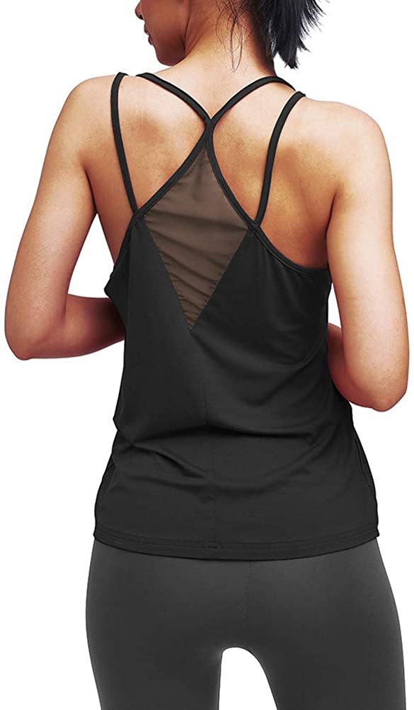 Mippo Womens Cute Workout Clothes Mesh Yoga Tops Exercise Gym Shirts  Running Tan