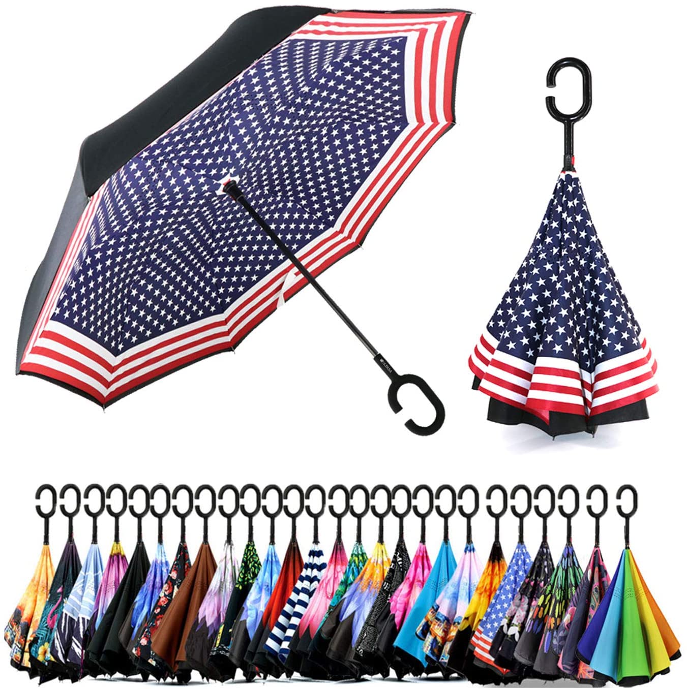 Anti-UV Waterproof Windproof Straight Umbrella for Car Rain Outdoor Use Spar Saa Double Layer Inverted Umbrella with C-Shaped Handle 