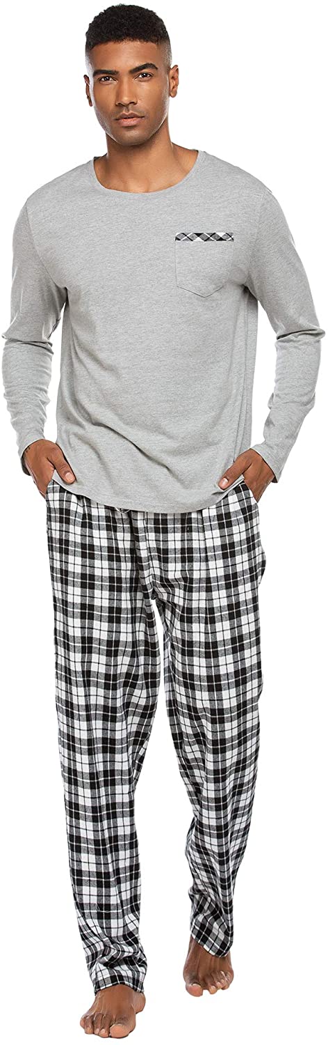 Ekouaer Pajama Set Men's Long Sleeve Sleepwear with Plaid Pants Comfy ...