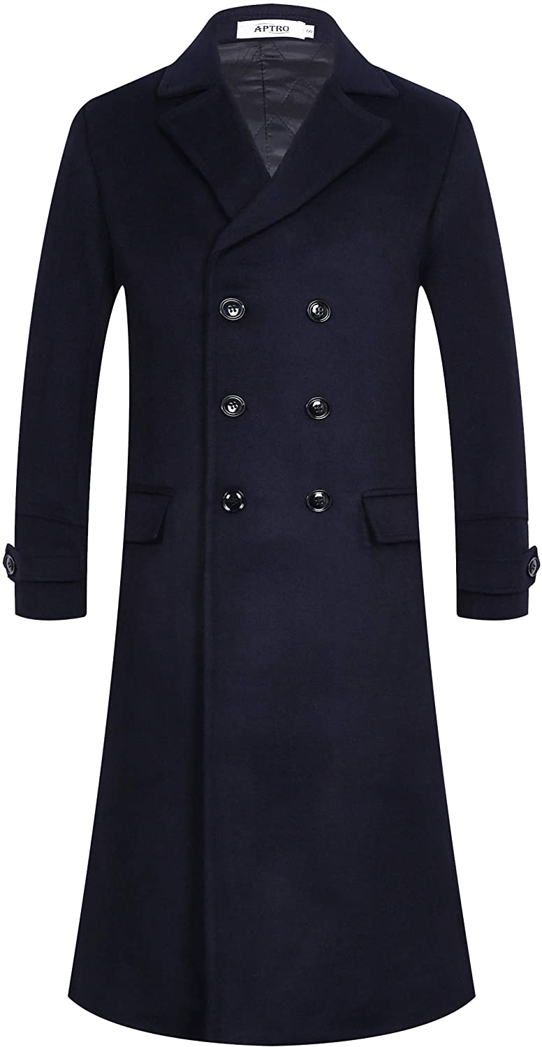 APTRO Men's Luxury Full Length Trench Coat Long Wool Overcoat Winter Windbreaker 