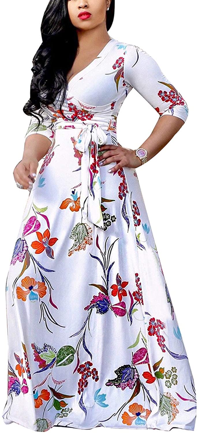 Womens Casual V-Neck Floral Print Long Maxi Flowy Dress Plus Size Plain Party Vintage Outfits 