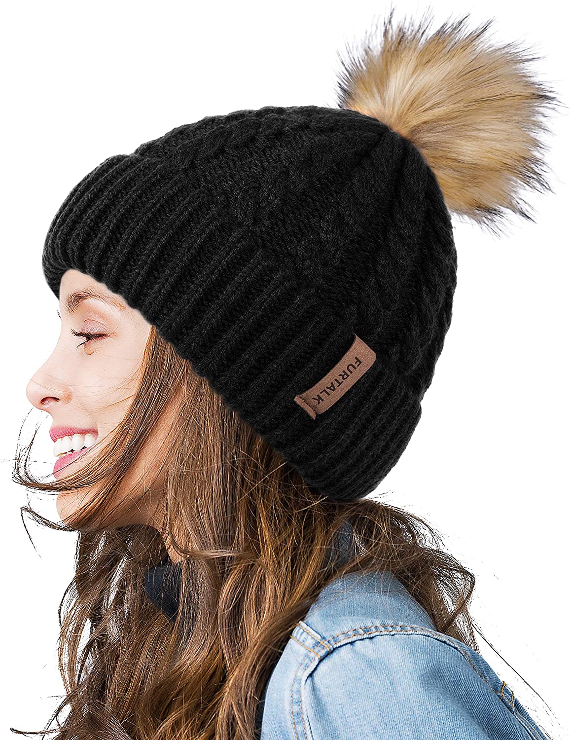 FURTALK Womens Winter Knit Slouchy Beanie Hat Warm Skull Ski Cap Faux Fur Pom Pom Hats for Women 