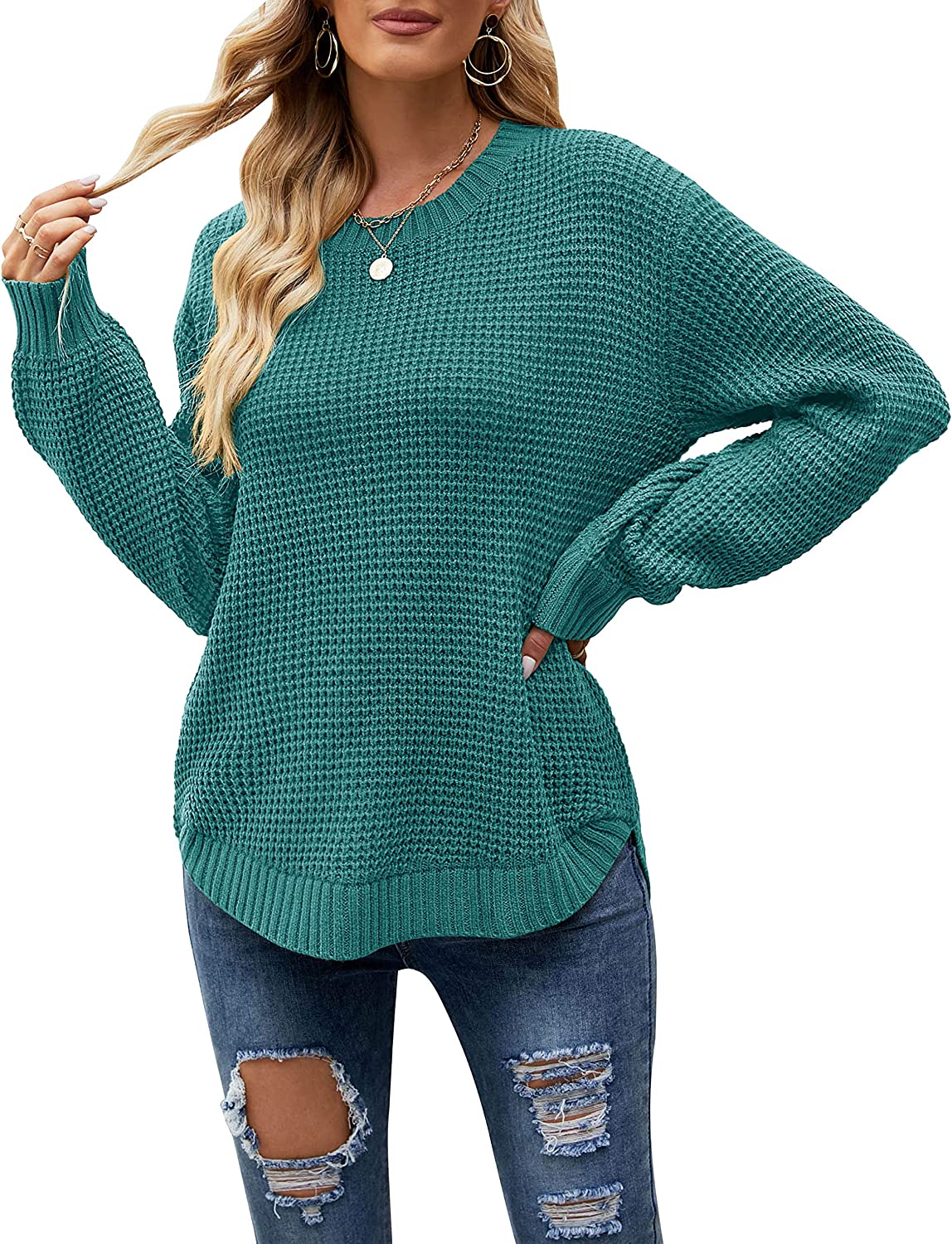 MEROKEETY Women's 2024 Fall Long Balloon Sleeve Waffle Knit Tops Crew Neck  Oversized Sweater Pullover, Apricot, S at  Women's Clothing store