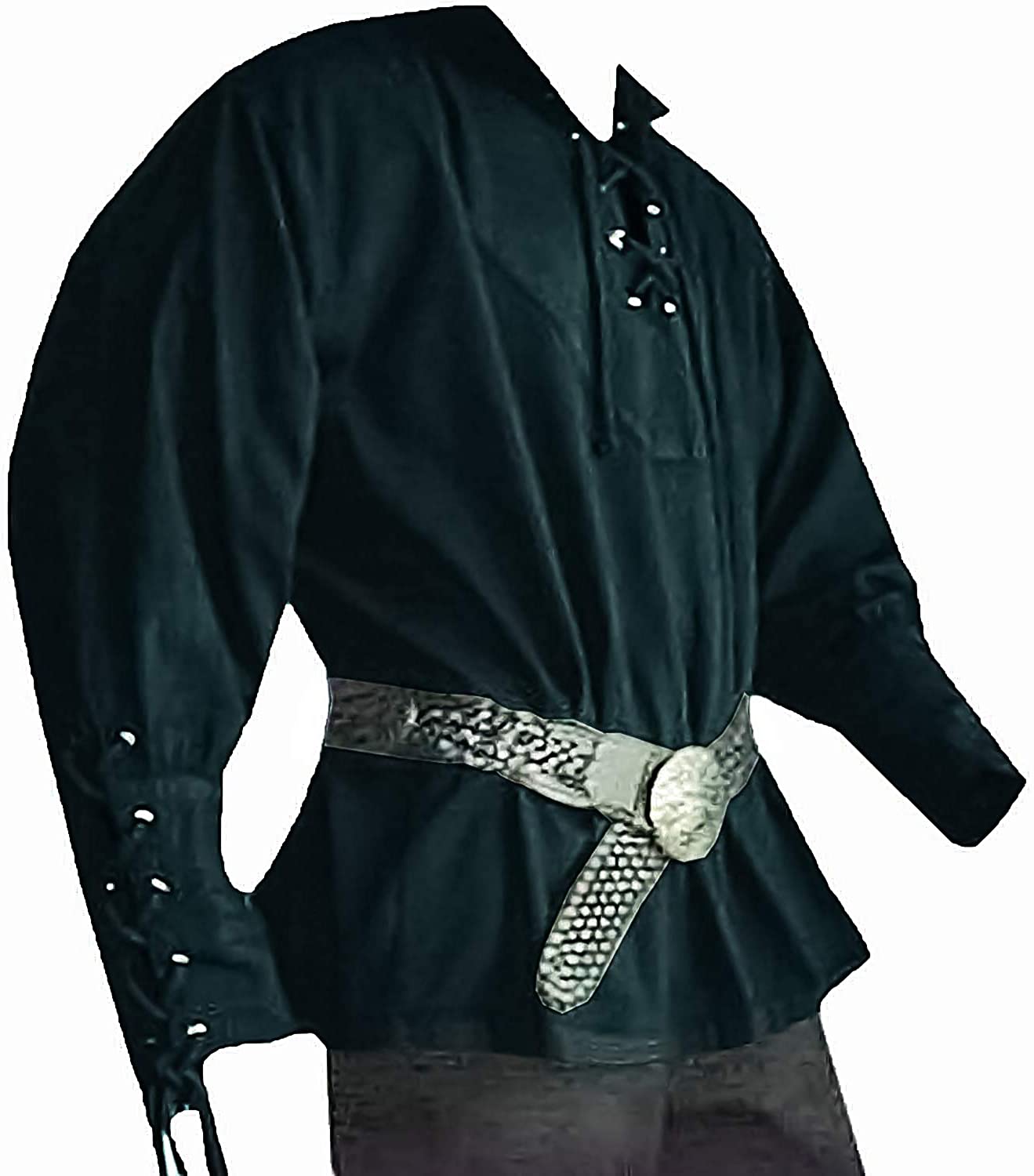 Men’s Scottish Shirt Cotton and Linen Solid Color Long Sleeve Lace Up Retro Medieval Renaissance Pirate Costume 
