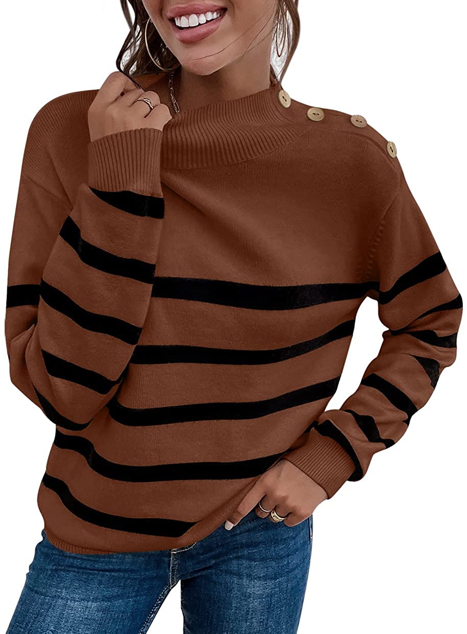 LONGYUAN 2021 Winter Women's Turtleneck Striped Knit Sweater Long Sleeves Casual Loose Pullover Tops Deco with Button