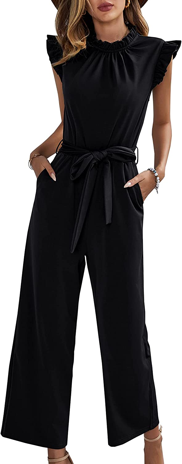 ECOWISH Women V Neck Short Sleeves Tie Waist Jumpsuits Long Wide Pants Casual Jumpsuit with Pockets 
