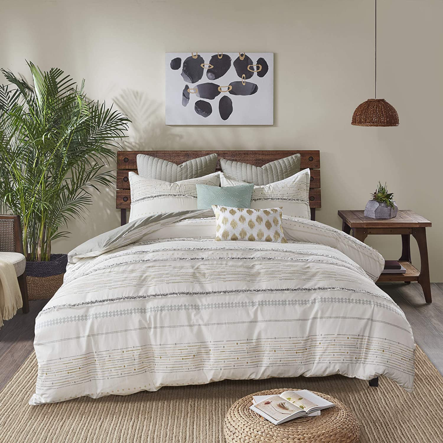 Details about   INK+IVY Rhea 100% Cotton Comforter Clipped Jacquard Stripes Modern Luxe All Sea 