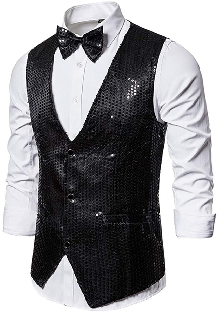 MENDENG Slim Fit Sequin Suit Vest for Men Bowtie Set Tuxedo Waistcoat ...