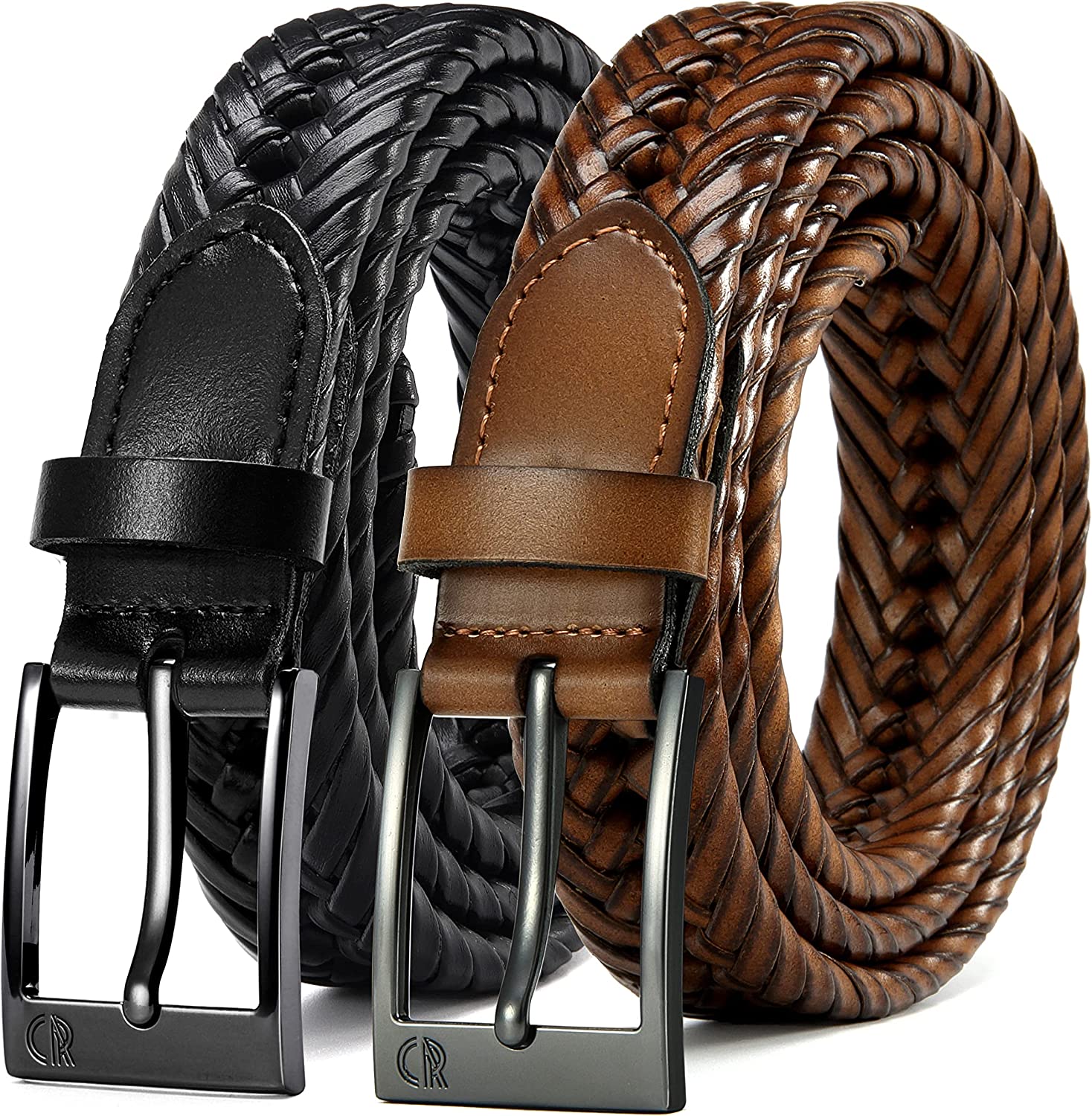 Mens Braided Belts, Braided Leather Belts for Men 2 Pack 1 1/8, CHAOREN  Woven B