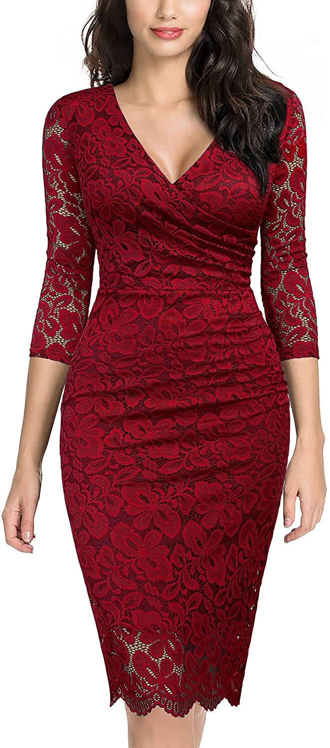 Miusol Women s Retro Deep V Neck Ruffles Floral Lace Evening Pencil Dress