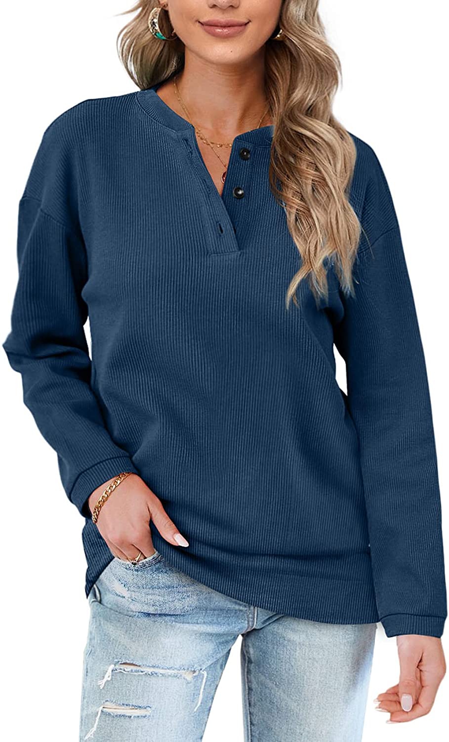 OFEEFAN Womens Casual Sweatshirts Henley Button Up Long Sleeve Tunic Tops