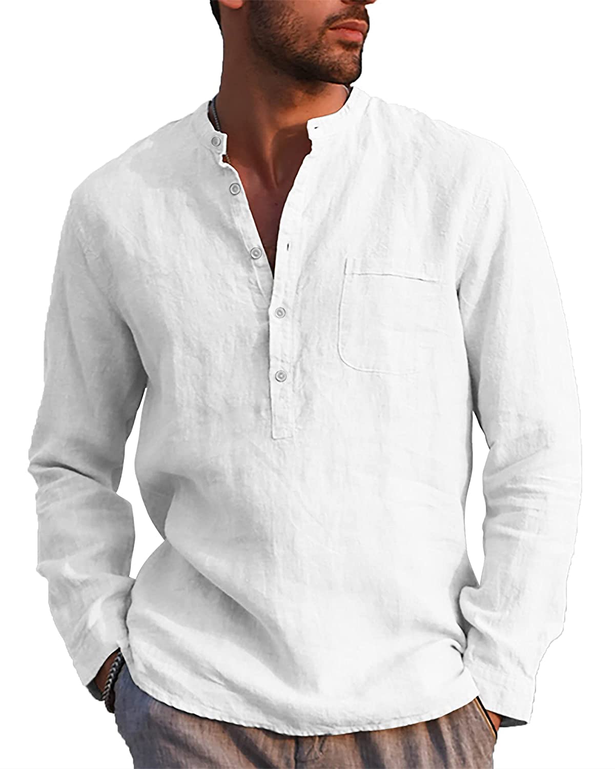 LVCBL Mens Casual Cotton Shirt Long Sleeve Band Collar Henley Shirt Tops
