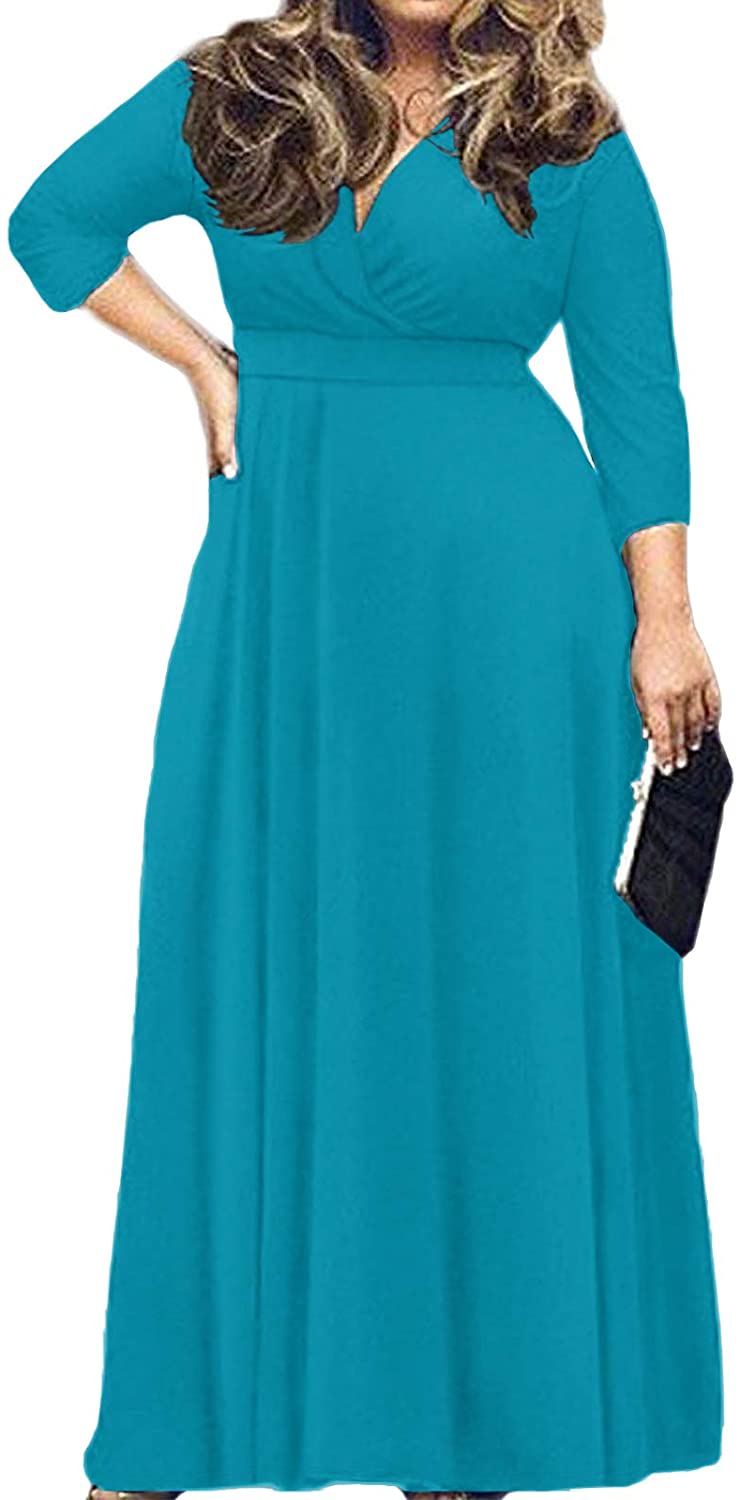POSESHE Women's Solid V-Neck 3/4 Sleeve Plus Size Evening Party Maxi Dress BLUE 