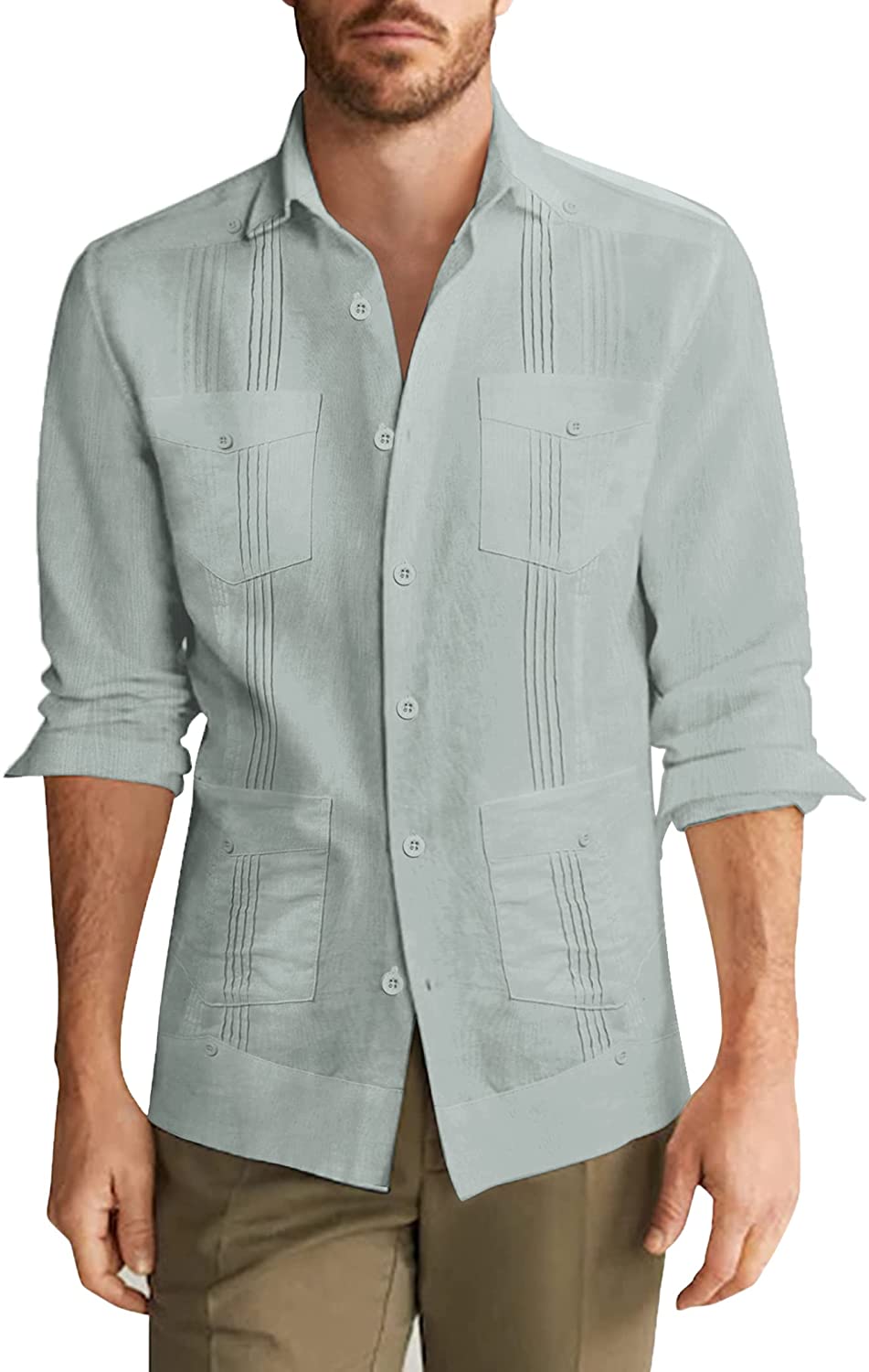 COOFANDY Men's Long Sleeve Cuban Guayabera Shirt Casual Button Down Cotton Linen Beach Wedding Shirt 
