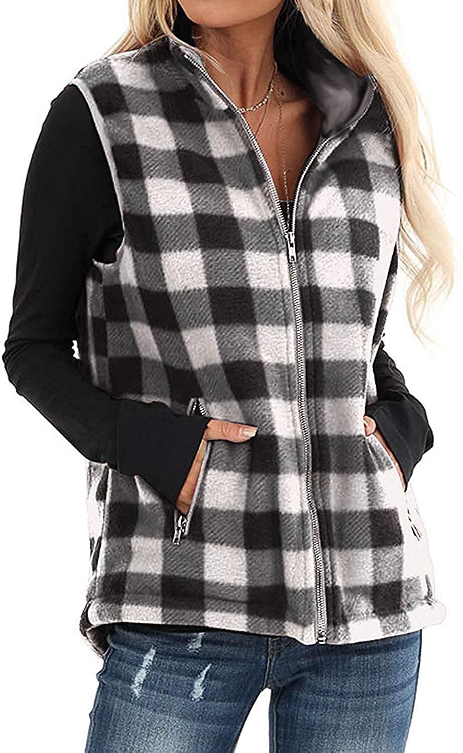 Oritina Womens Casual Lapel Open Front Plaid Vest Cardigan Coat with Pockets  | eBay