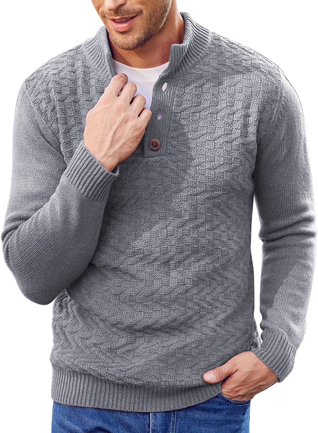 COOFANDY Men Mock Neck Button Sweater Casual Knitted Sweaters Fashion Henley Swe