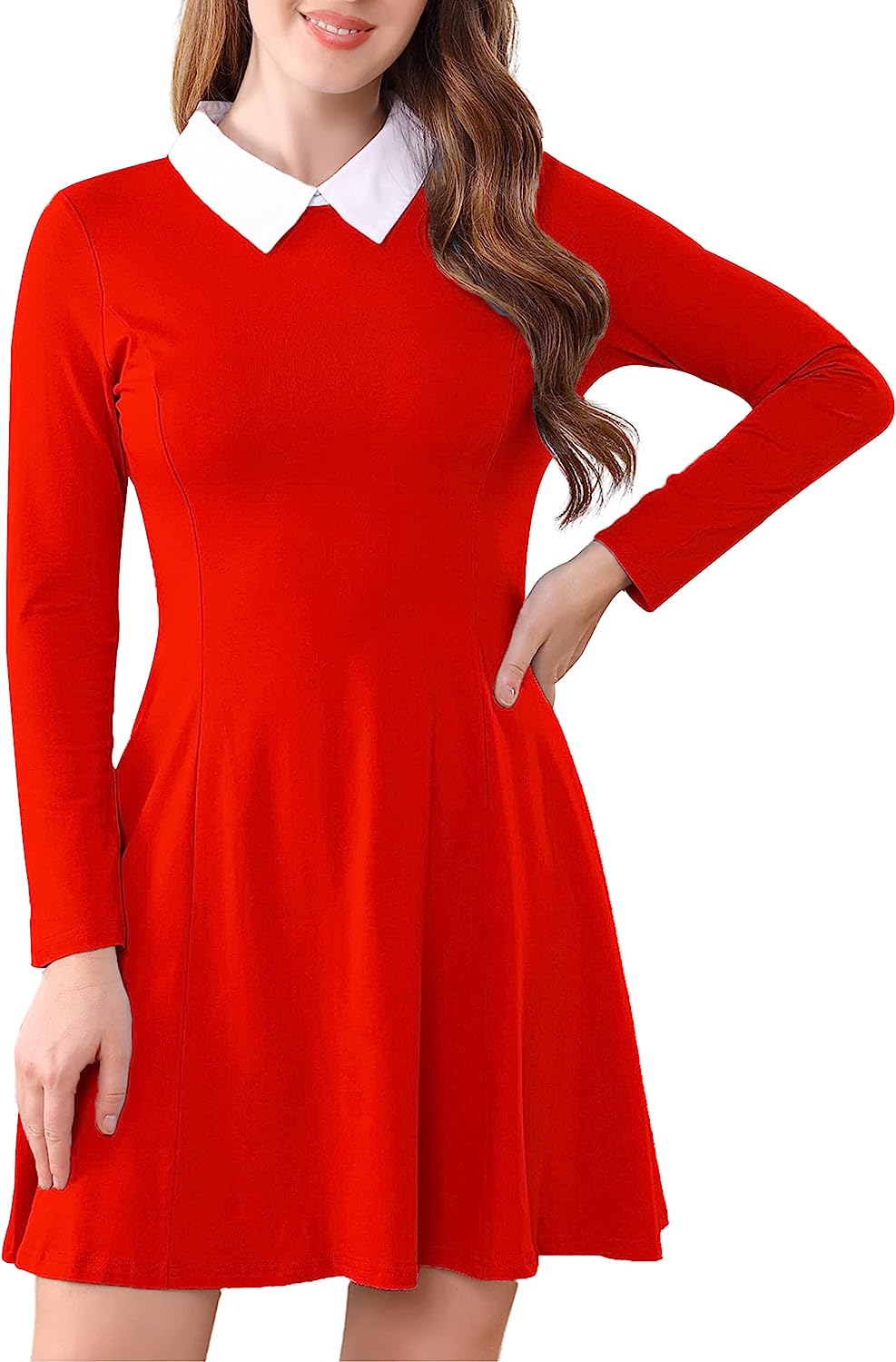 Aphratti Women's Long Sleeve Casual Peter Pan Collar Fit and Flare Skater  Dress Black X-Small at  Women's Clothing store