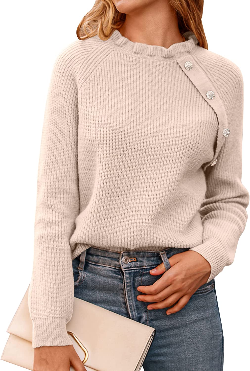 BTFBM Women's Sweaters Casual Long Sleeve Button Down Crew Neck Ruffle Knit  Pullover Sweater Tops Solid Color Striped : : Clothing, Shoes 