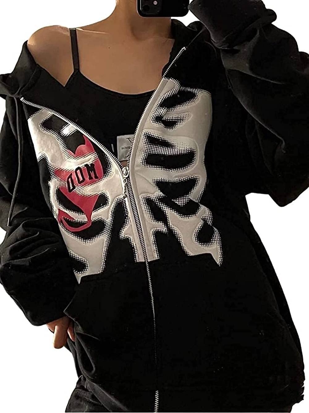 Women Zip-Up Hoodie Long Sleeve Top Oversized Y2K E-girls 90S Solid Color Sweatshirt Jacket Coat cardigan with Pockets