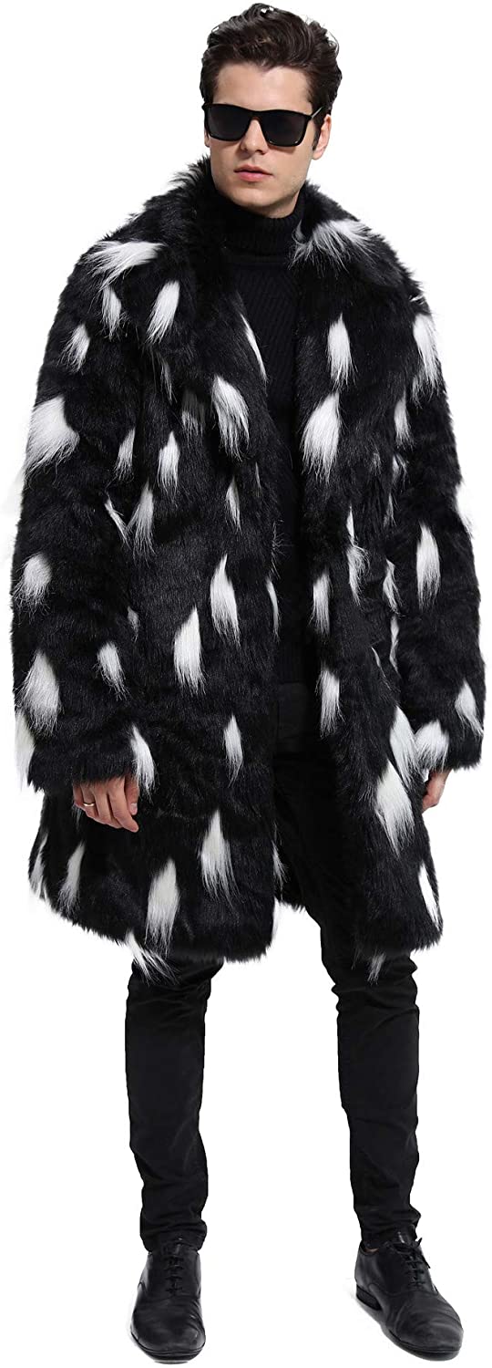 Old DIrd Mens Long Sleeve Fluffy Faux Fur Coat,Mens Winter Warm Faux Fur Overcoat,Long Thicken Soft Jacket Outerwear