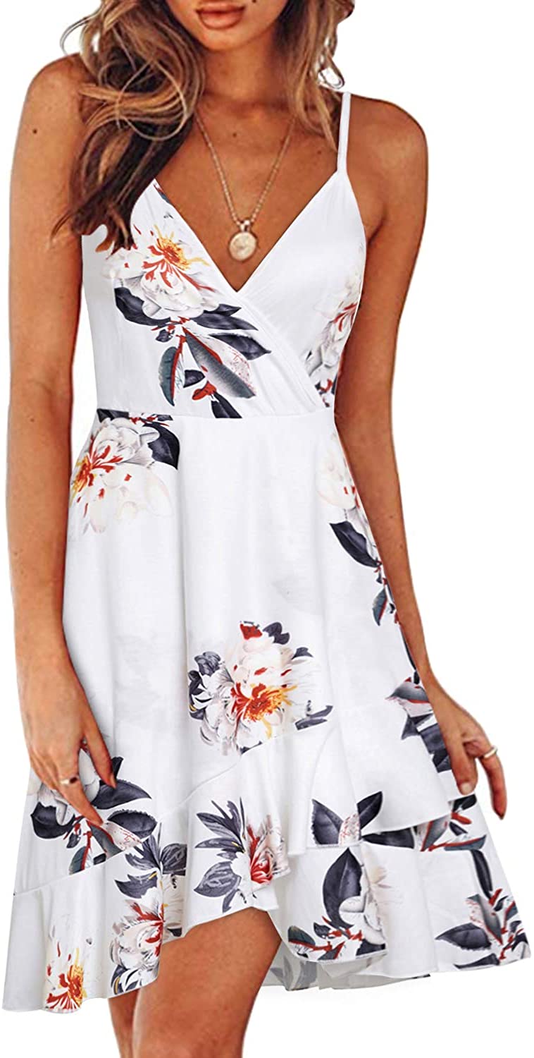 ULTRANICE Women's Summer Dresses 2024 Spring Floral V Neck Adjustable  Spaghetti Casual Beach Outfits Clothes Flowy Wrap Dress