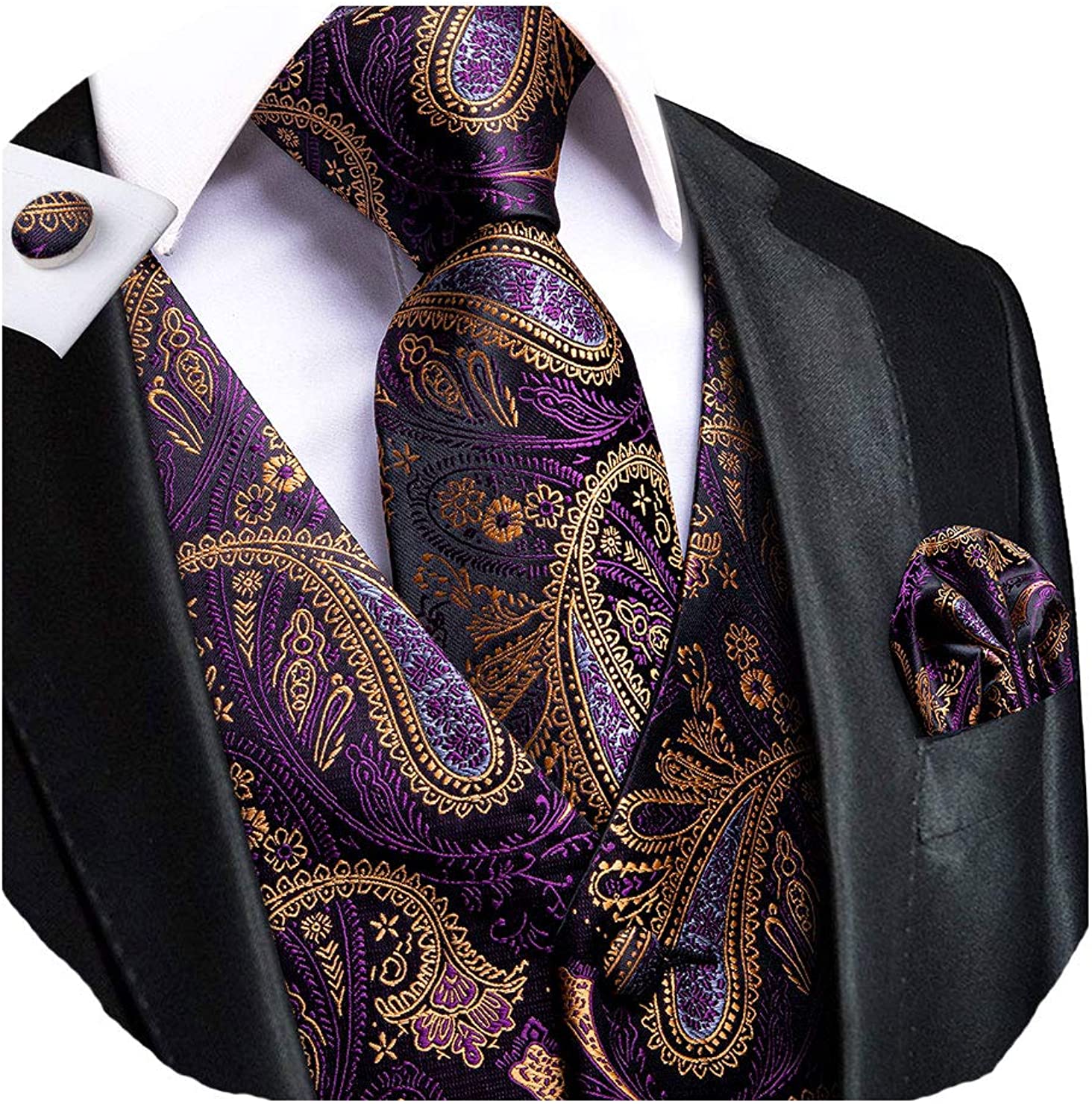Dubulle Mens Paisley Tie and Vest Set with Pocket Square Cufflinks WaistCoat Suit for Tuxedo 