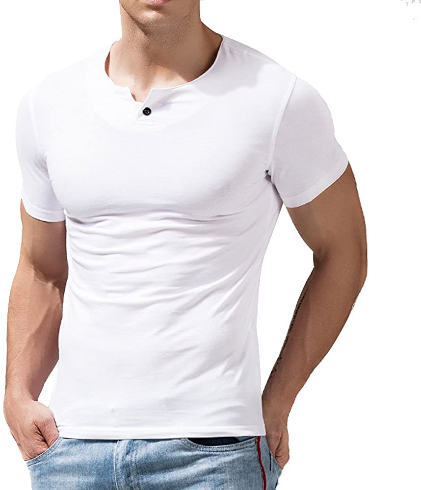 palglg Mens Short Sleeve Cotton Muscle Slim Fitted Sport Henley T-Shirt with Button Black S