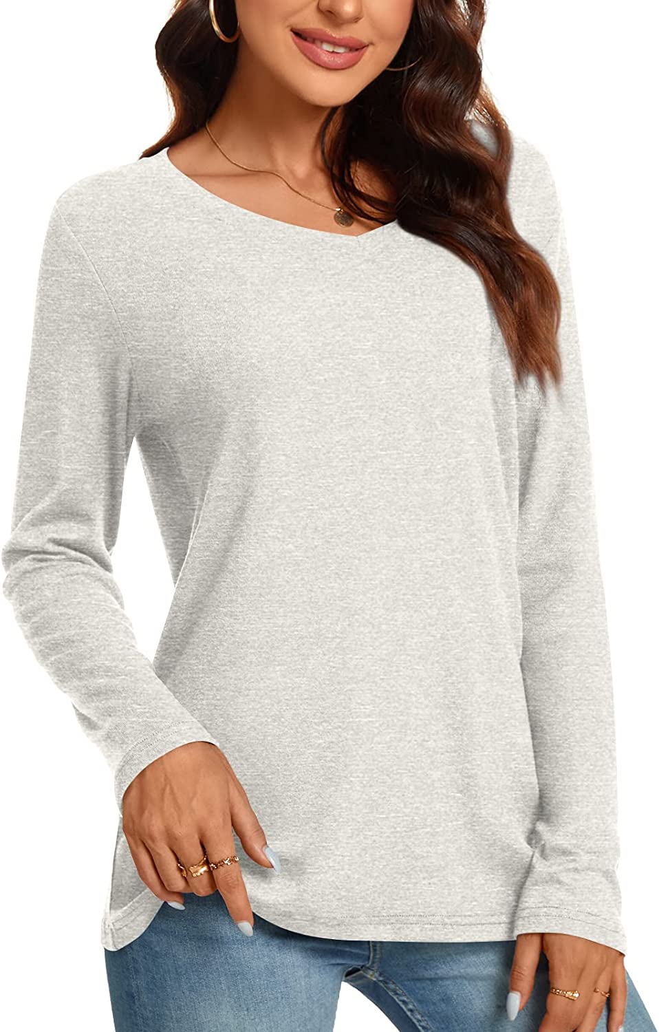 Anydeer Womens Fall Long Sleeves Tunic Tops Basic Tshirt V-Neck Pullover  Casual