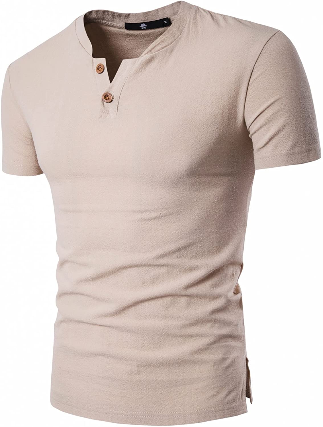 DELCARINO Men's Cotton Linen Henley Shirt Short Sleeve Summer Beach ...