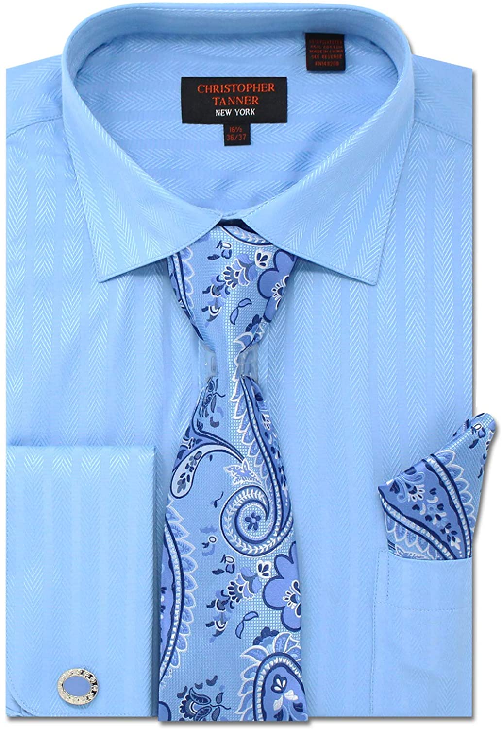 Details about   Men's Solid Herringbone Striped Pattern Regular Fit Dress Shirts with Tie Hanky 