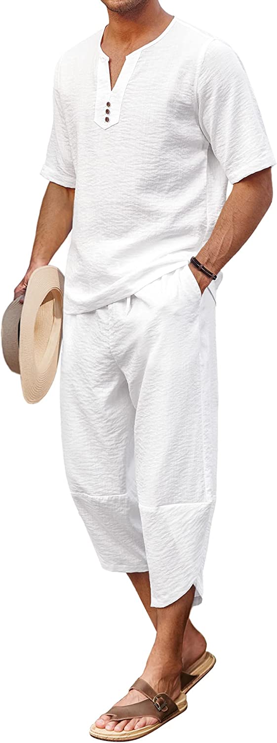  COOFANDY Mens Casual Linen Pants Capri White Below