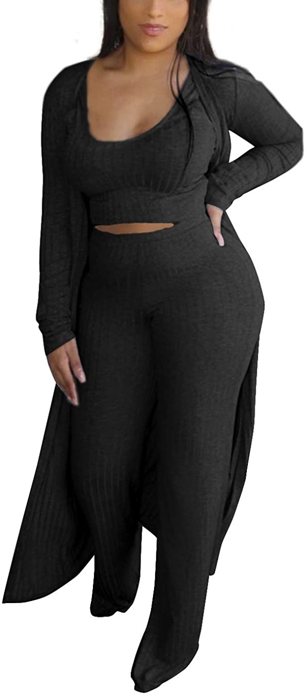 Cosygal Women's Crop Top Cardigan and Wide Leg Long Palazzo Pants Jumpsuit Romper Set Three Piece Outfit Sets