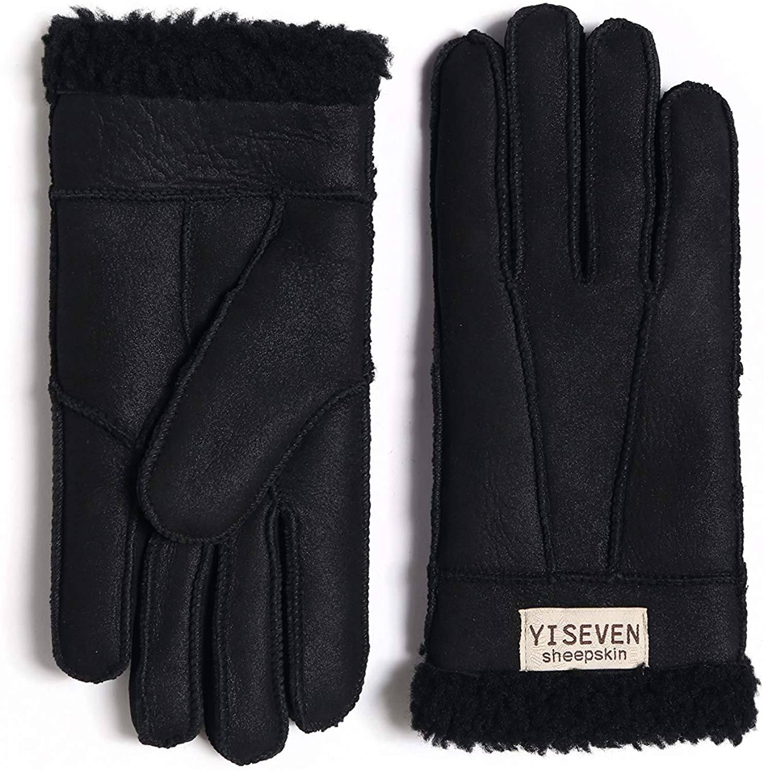 YISEVEN Men Merino Rugged Lambskin Shearling Leather Gloves Flat Design 