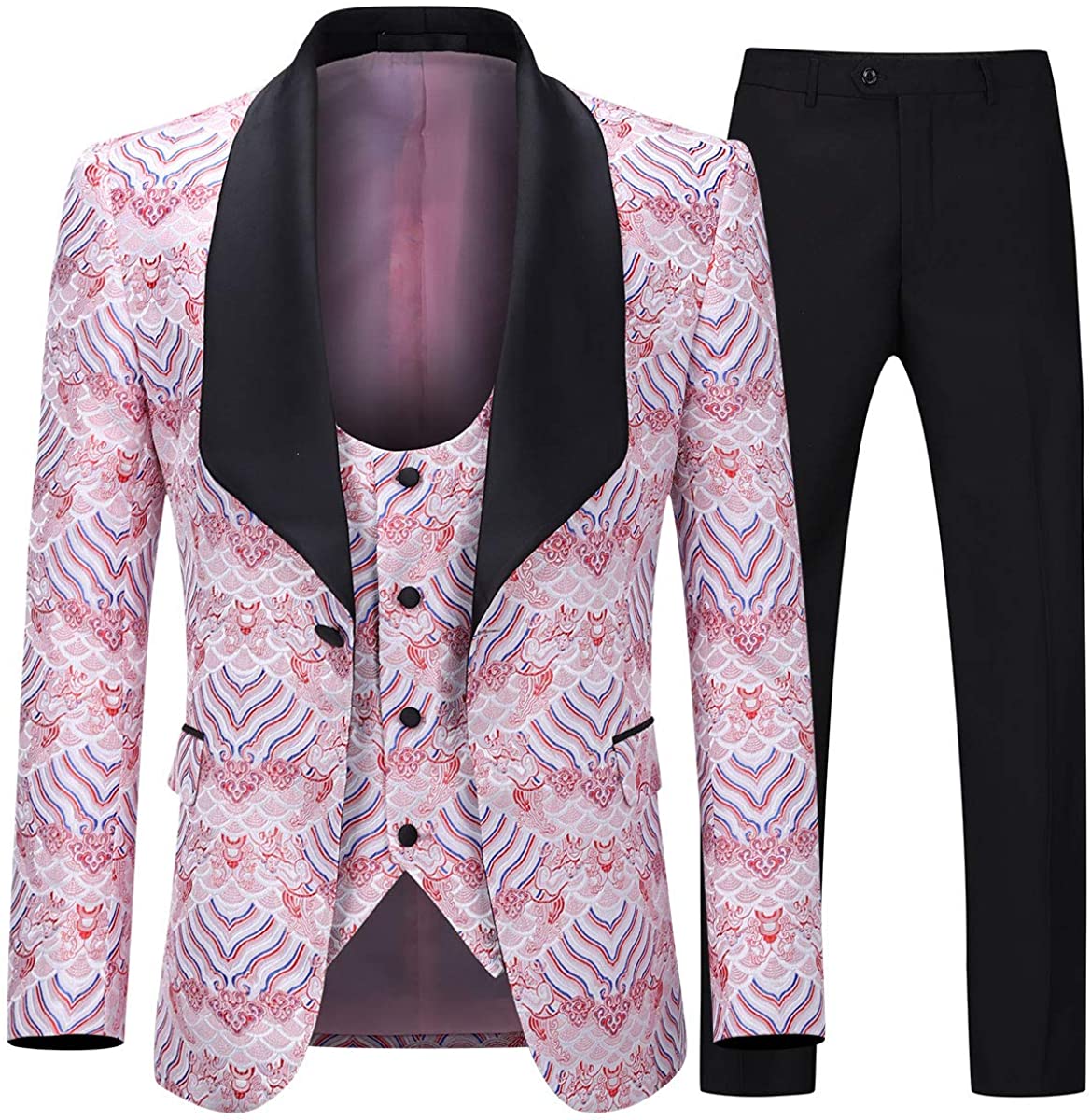 Boyland Mens Luxury Tuxedo Suit Slim Fit 3 Pieces Shawl Lapel Golden Floral Prom Dinner Tux Suit Jacket Vest Pants