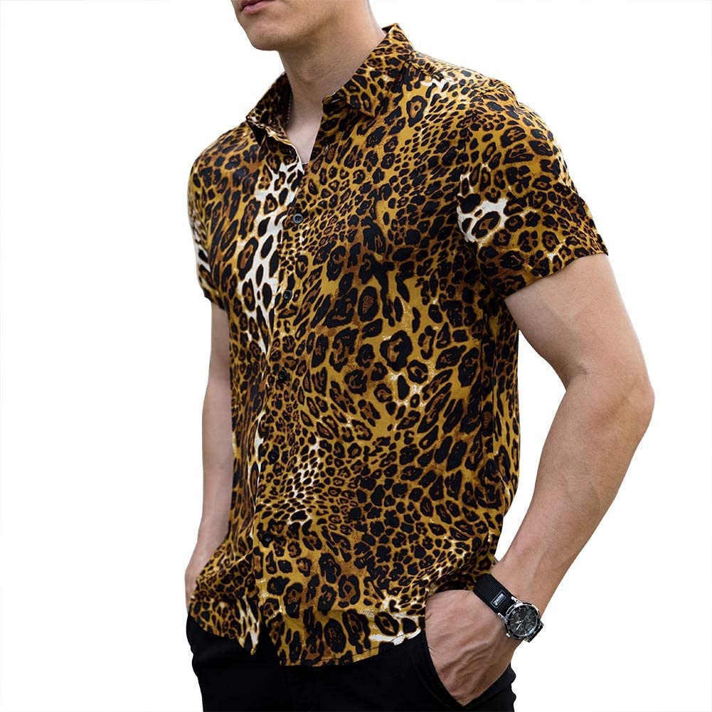LOGEEYAR Men Shirt Leopard Snakeskin Print Button Down Short Sleeve ...