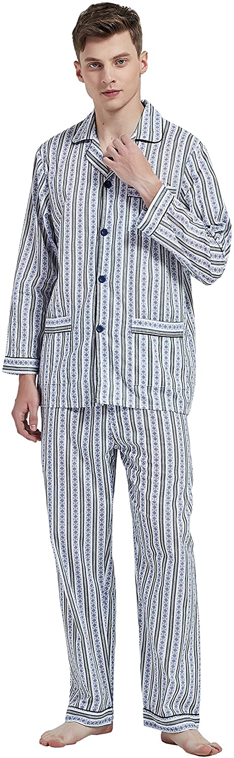 Amaxer Mens Pyjamas Set 100% Cotton Long-Sleeve PJs with Pockets Striped Loungewear Sleepwear Nightwear