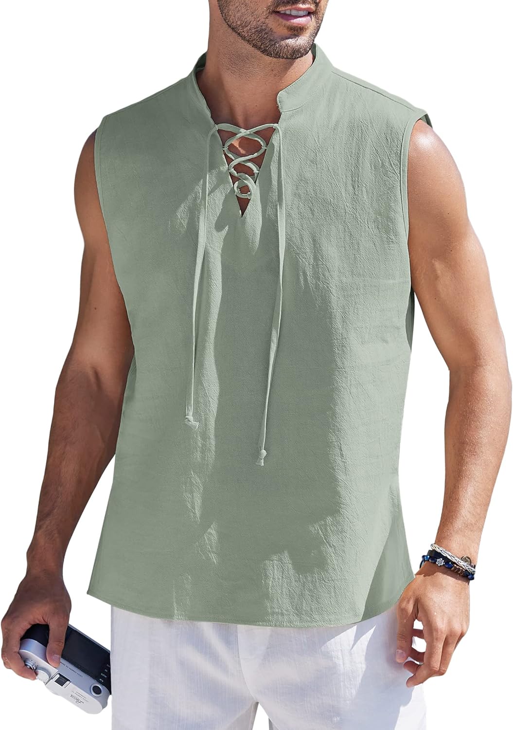 COOFANDY Mens Cotton Linen Tank Tops Beach Casual Sleeveless Henley Tank  Shirts