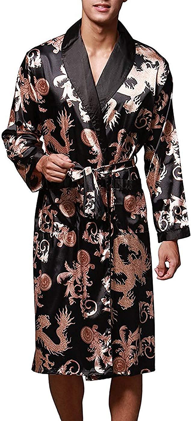 VERNASSA Mens Satin Robe Silk Long Sleeve Kimono Bathrobe