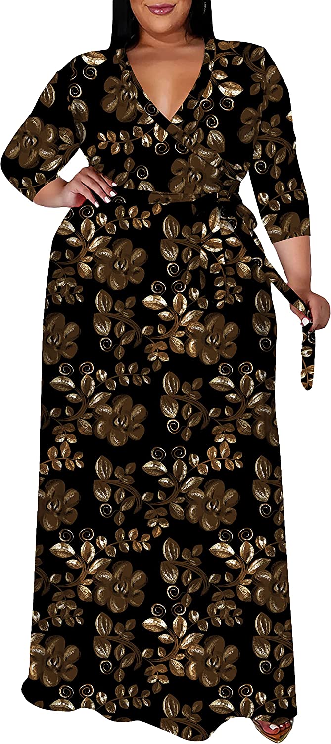 Runwind Plus Size Dresses for Women Floral Maxi Dress Flowy 3/4 Sleeve with  Belt