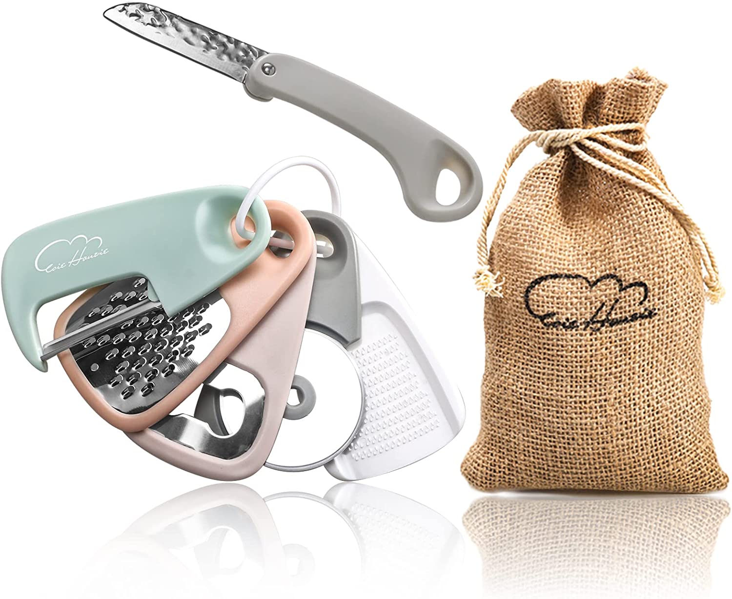 Kitchen Gadgets Set 5 Pieces, Space Saving Cooking Tools Cheese Grater,  Bottle Opener, Fruit/Vegetable Peeler, Pizza Cutter, Garlic/Ginger Grinder