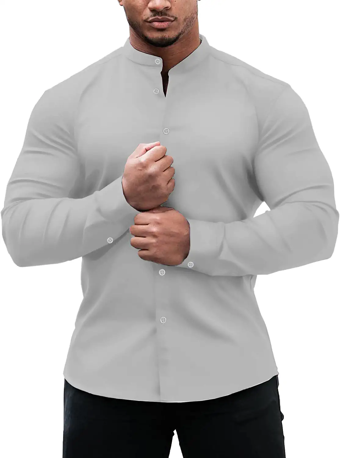URRU Men's Muscle Dress Shirts Slim Fit Stretch Banded Collar Long&Short  Sleeve