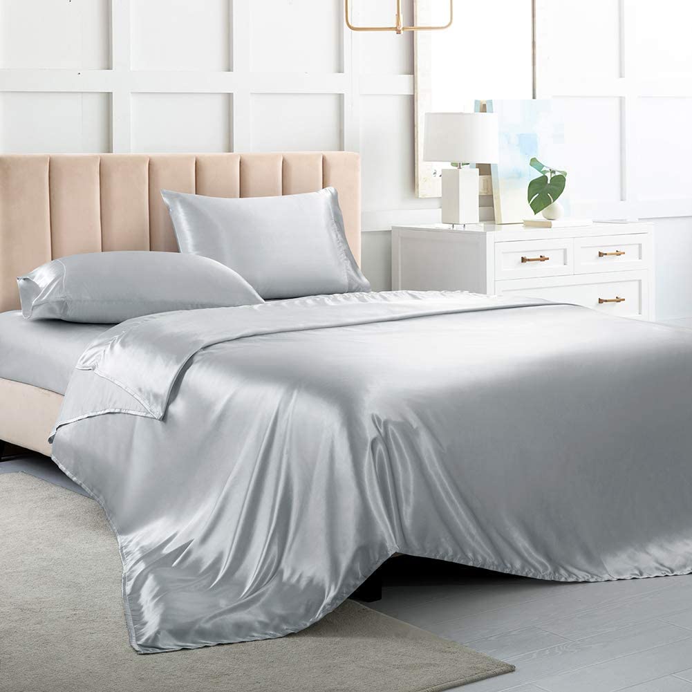 Luxbedding Satin Sheets Twin, Soft Silk Bed Sheets, Silver Grey Silk Sheet  with