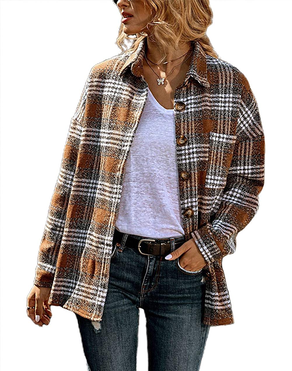 chouyatou Women's Oversized Casual Button Down Plaid Shirt Jacket