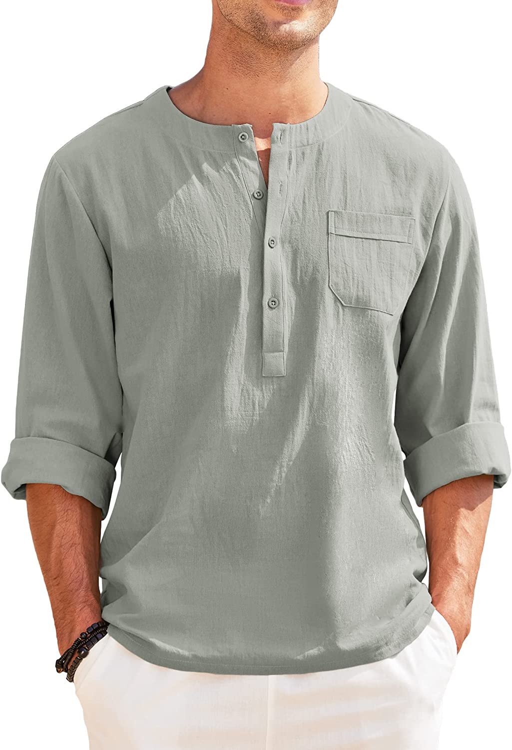 JINIDU Men's Cotton Linen Henley Shirts Long Sleeve Casual Beach Hippie T  Shirt