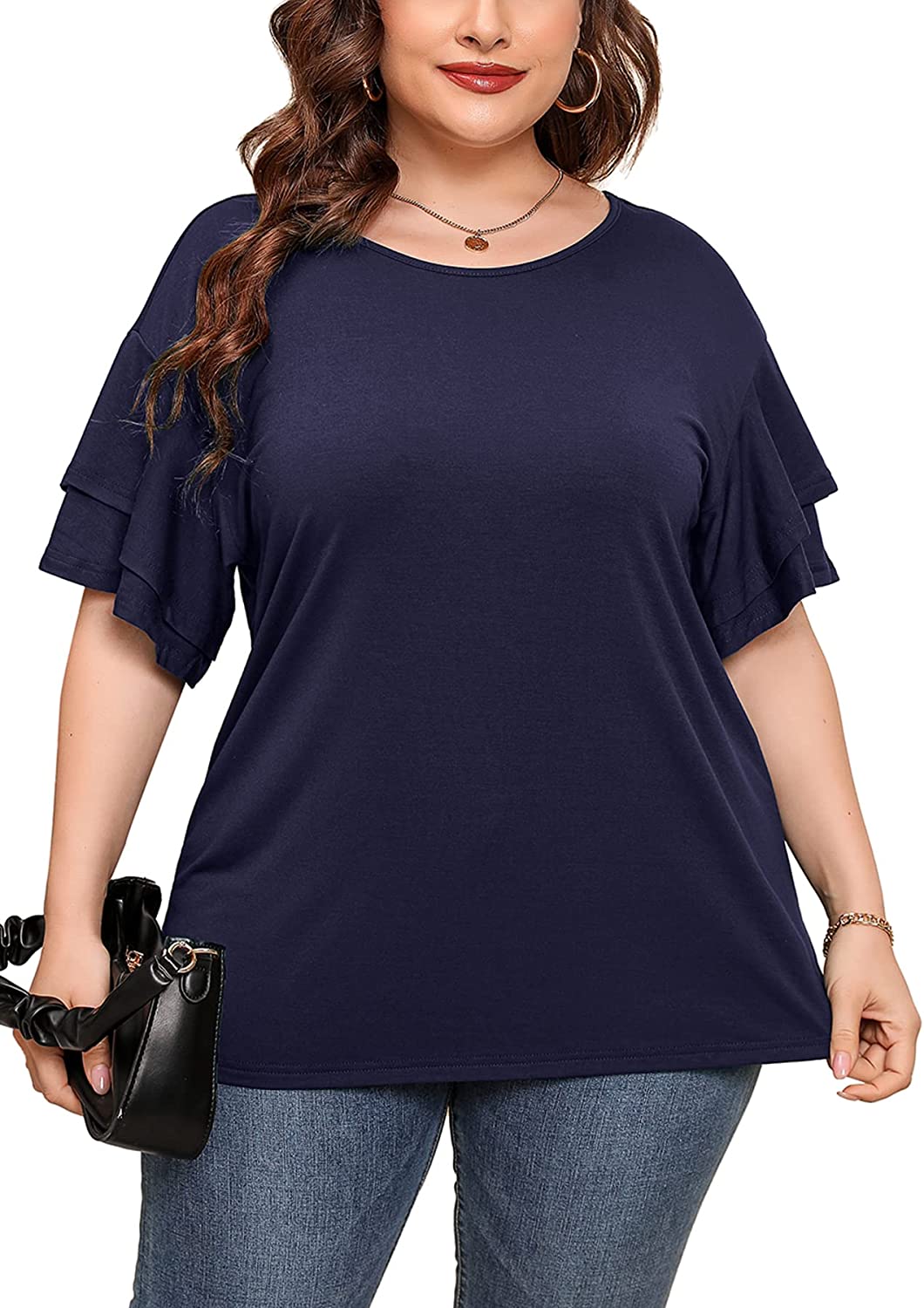 AusLook Plus Size Tunic for Women Double Ruffle Short Sleeve