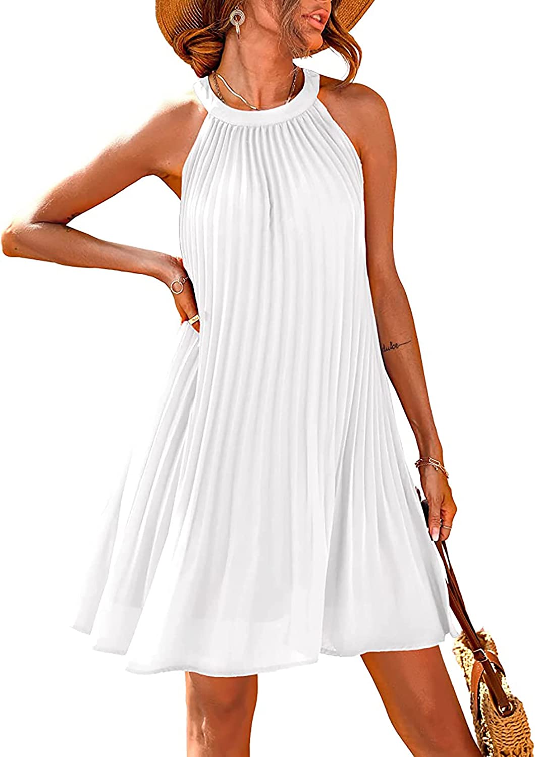 PRETTYGARDEN Women's Cute Halter Neck Sleeveless Mini Dress Solid