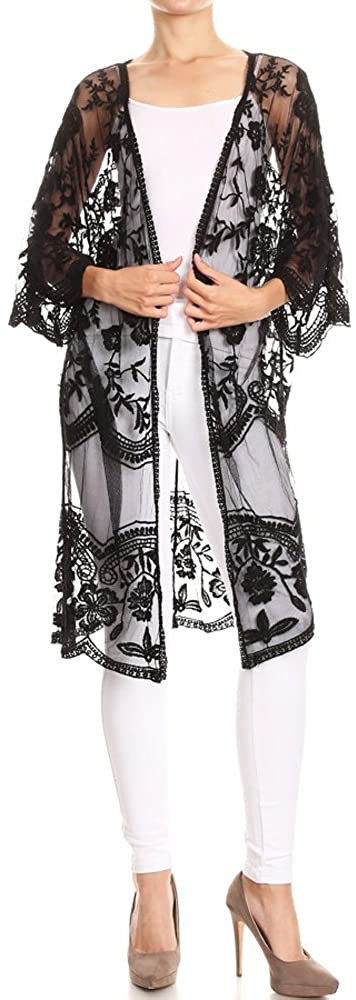 Anna-Kaci Womens Long Embroidered Lace Kimono Cardigan with Half Sleeves