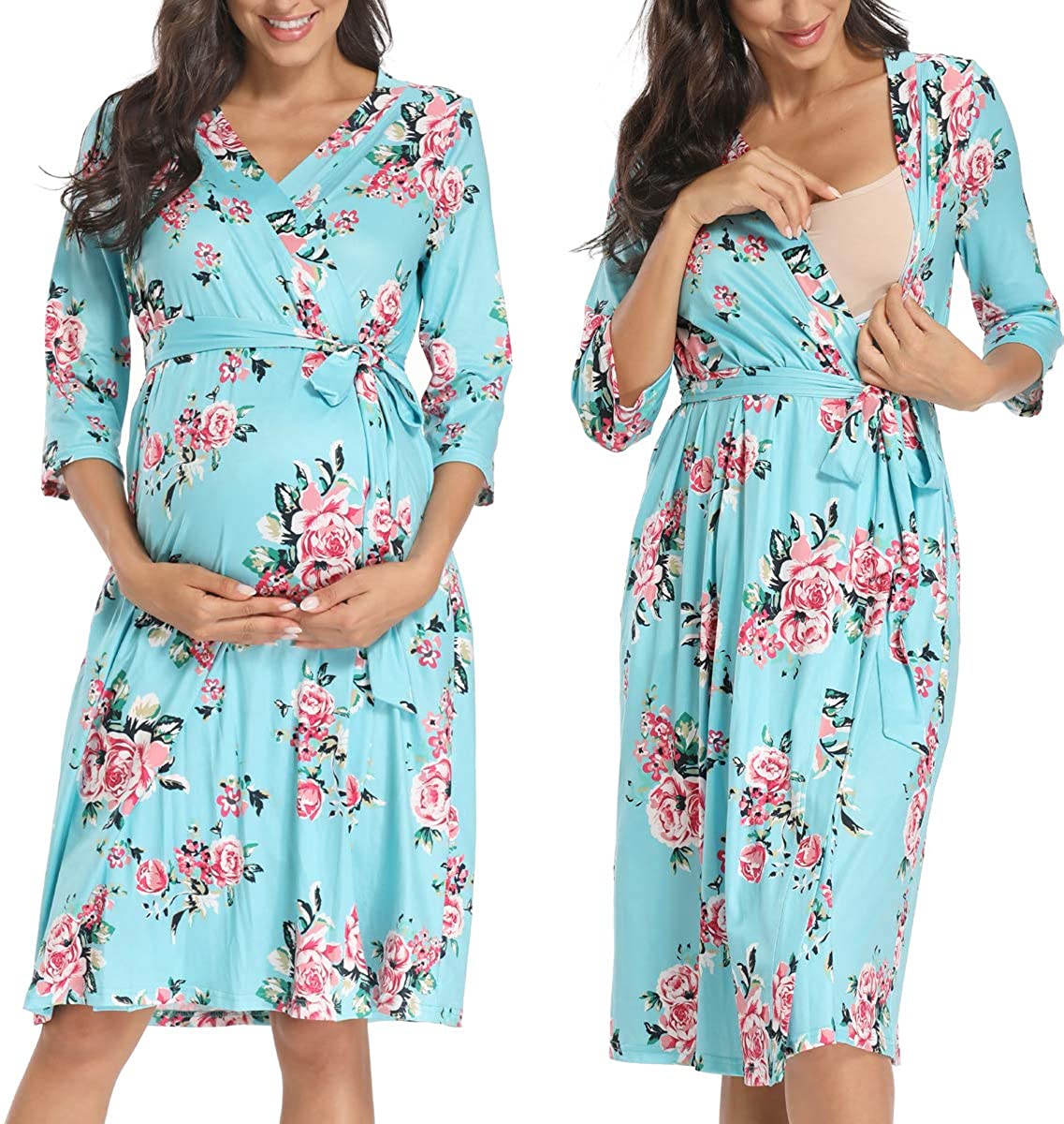 Musidora 3 in 1 Maternity & Nursing Robe with Pockets, Hospital Gown for  Labor a